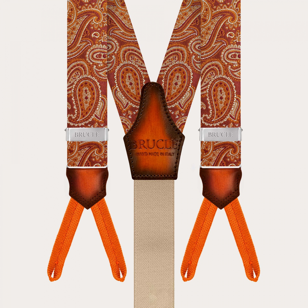 Bretelles boutonnées en soie paisley orange marsala avec cuir dégradé à la main