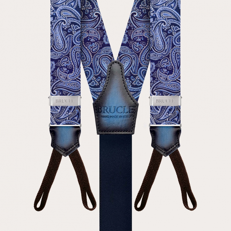 Men's silk suspenders with loops, light blue and blue paisley