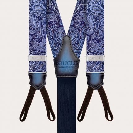 Men's silk suspenders with loops, light blue and blue paisley