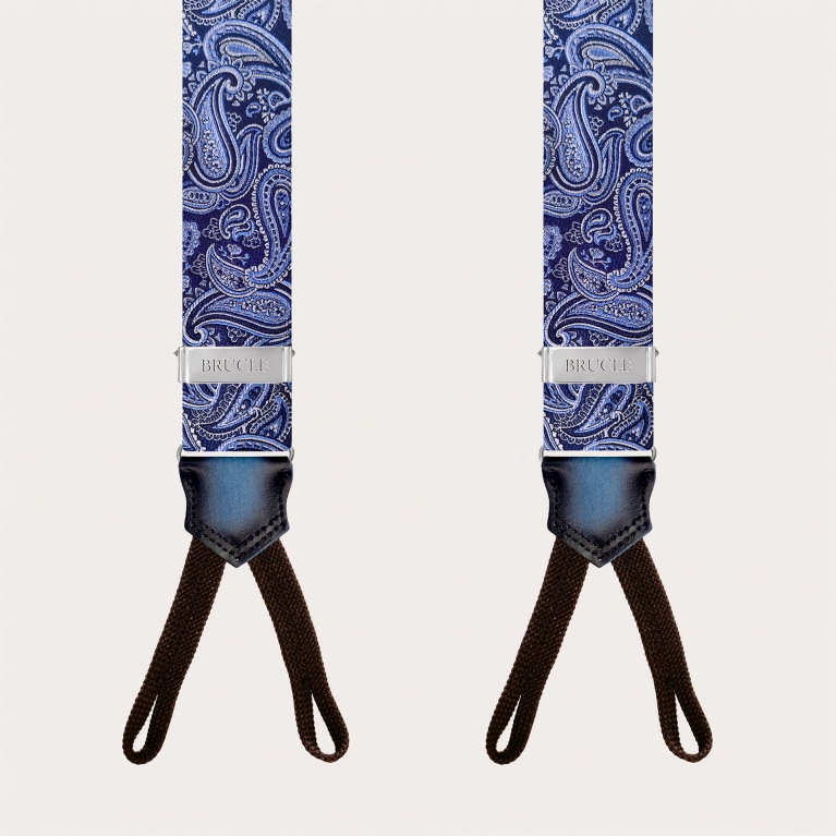 Men's silk suspenders with loops, light blue and blue paisley