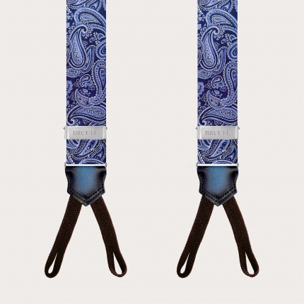 Men's silk suspenders with loops, light blue and blue paisley