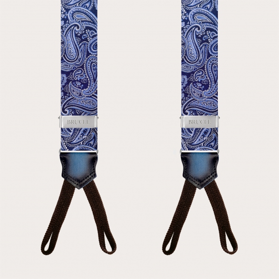 Men's silk suspenders with loops, light blue and blue paisley