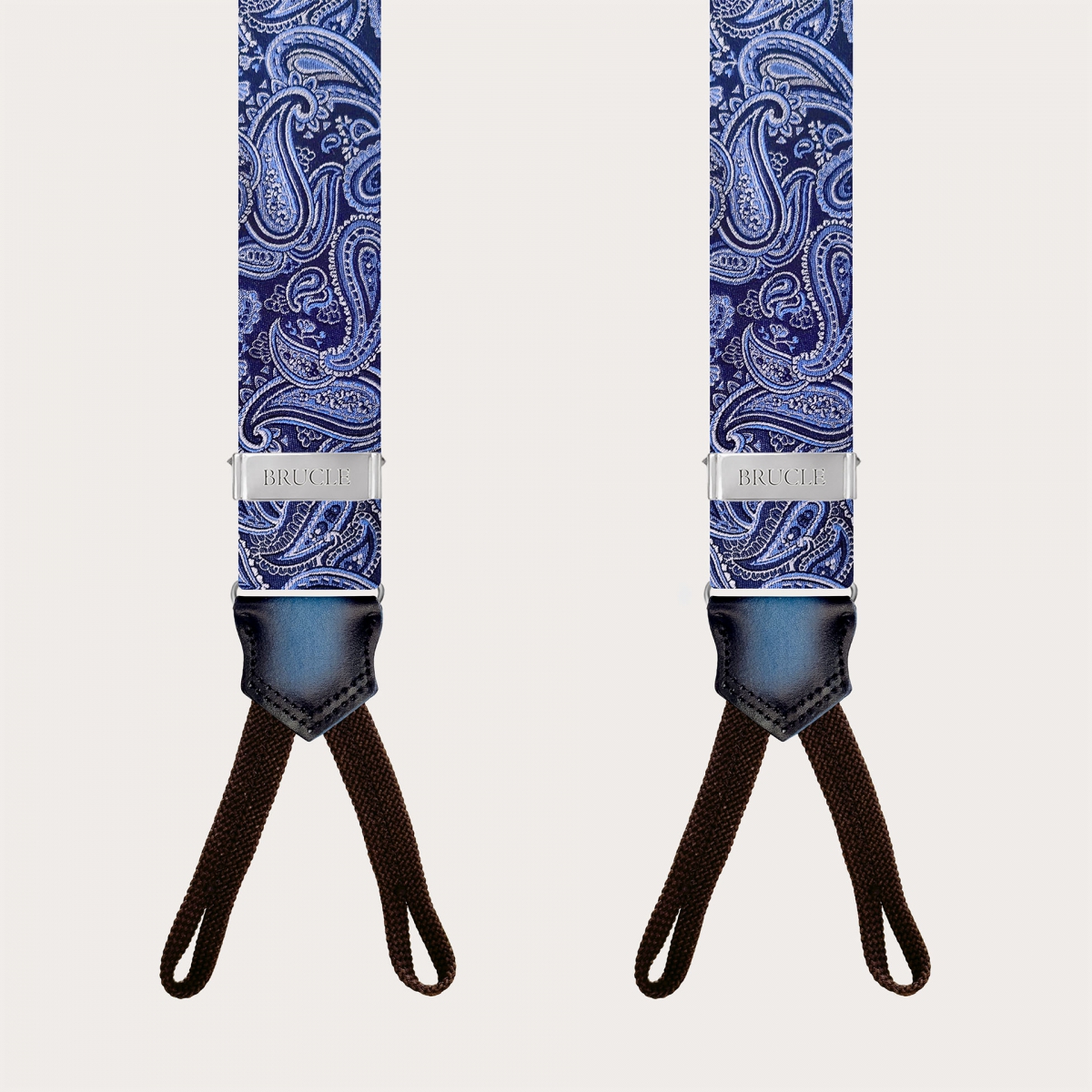 Men's silk suspenders with loops, light blue and blue paisley