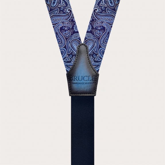 Men's silk suspenders with loops, light blue and blue paisley