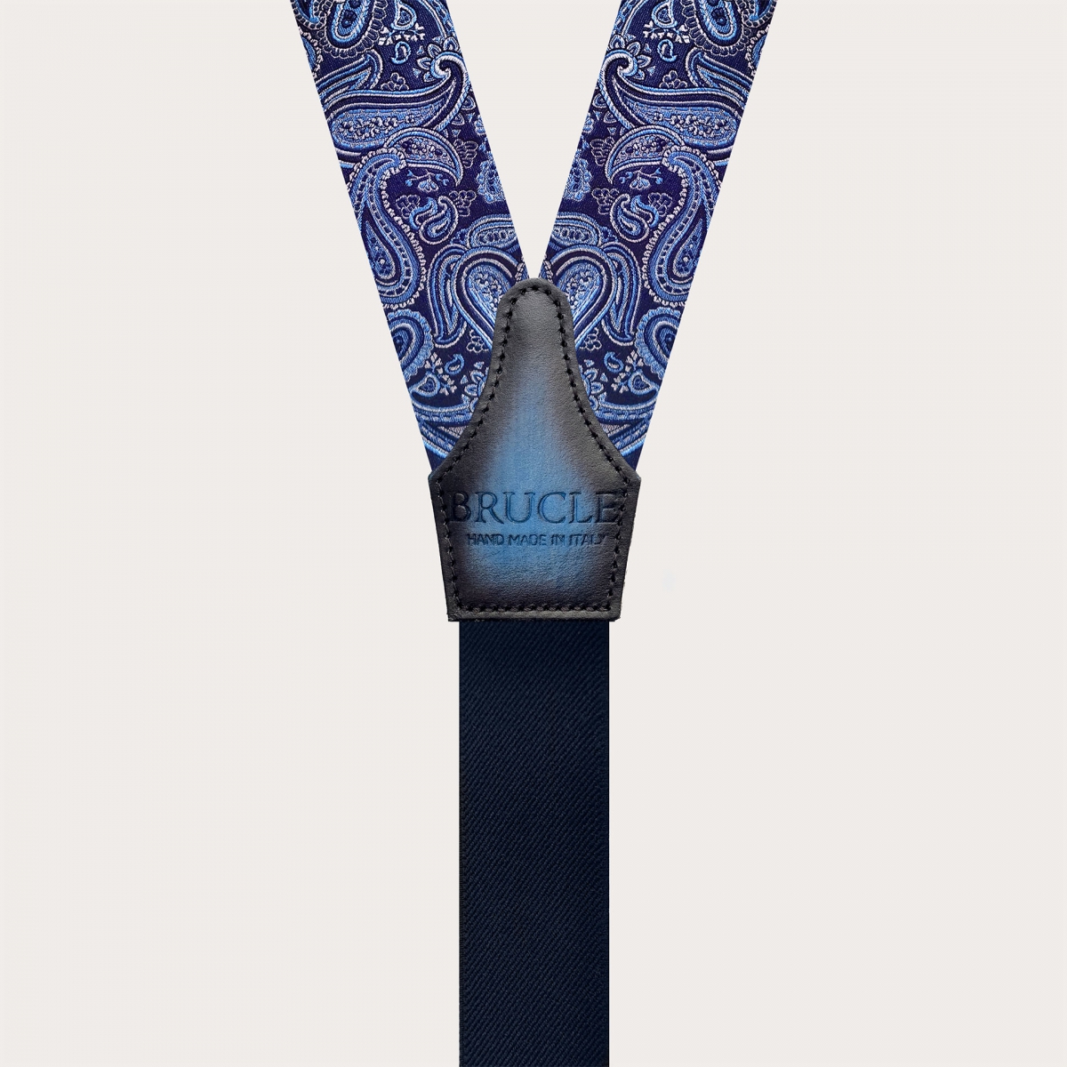 Men's silk suspenders with loops, light blue and blue paisley