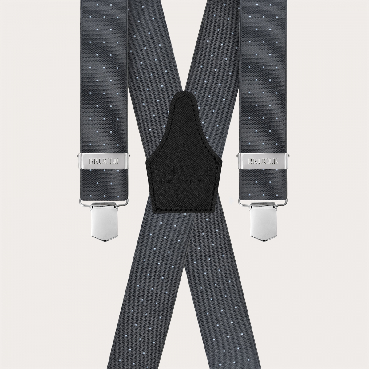 Grey polka dot elastic suspenders with 4 clips