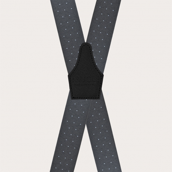 Grey polka dot elastic suspenders with 4 clips