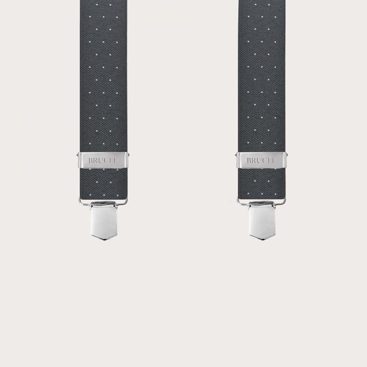 Grey polka dot elastic suspenders with 4 clips