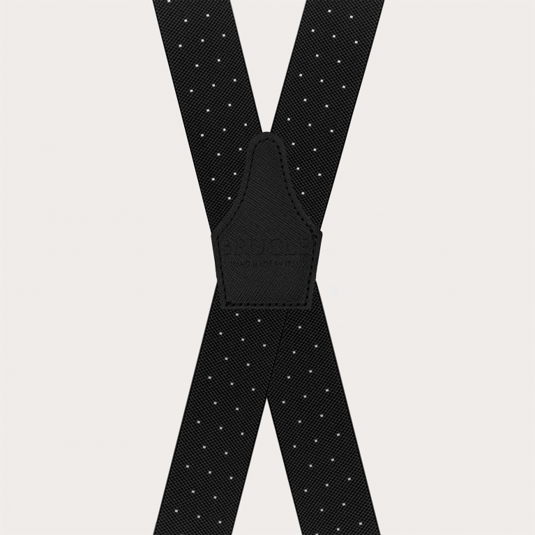 Black X-shaped suspenders with polka dots, unisex, elastic, with clips