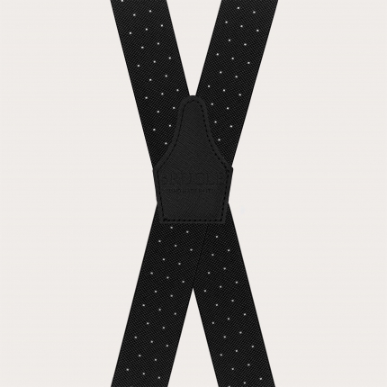 Black X-shaped suspenders with polka dots, unisex, elastic, with clips