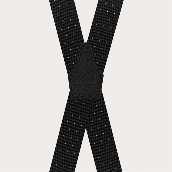 Black X-shaped suspenders with polka dots, unisex, elastic, with clips