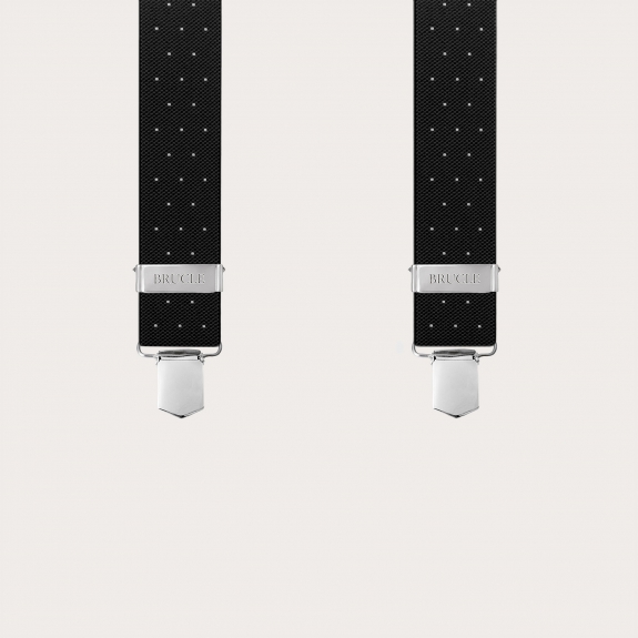 Black X-shaped suspenders with polka dots, unisex, elastic, with clips