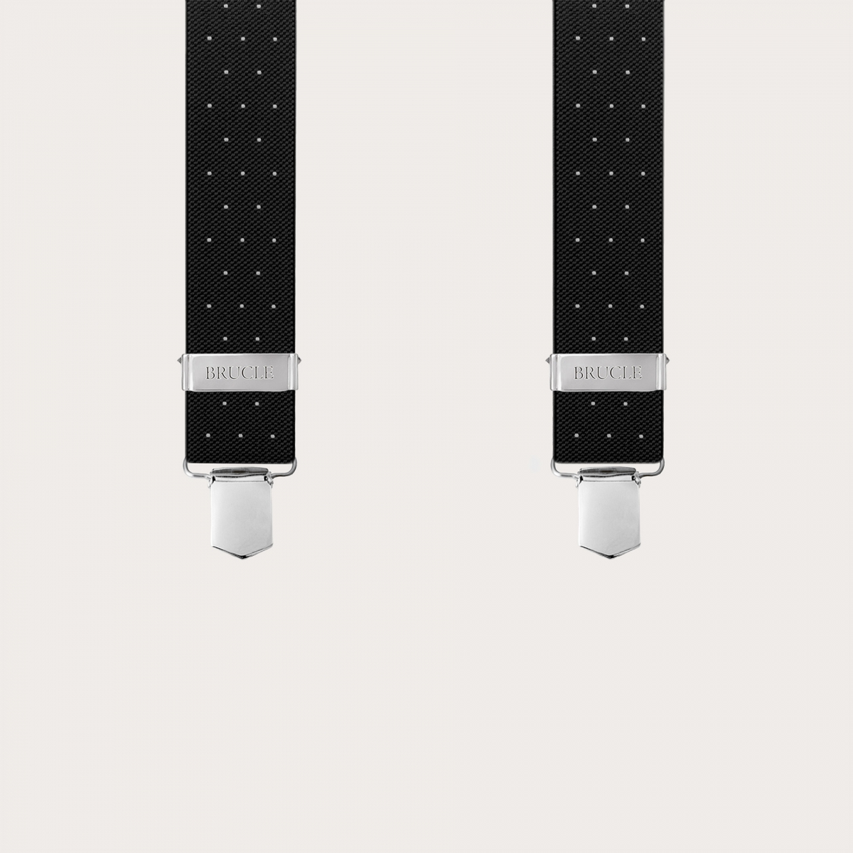 Black X-shaped suspenders with polka dots, unisex, elastic, with clips