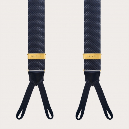 Men's Blue Pin-Dot Silk Suspenders for Buttons with Gold Adjusters