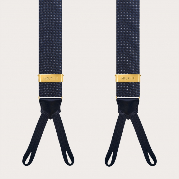 Men's Blue Pin-Dot Silk Suspenders for Buttons with Gold Adjusters