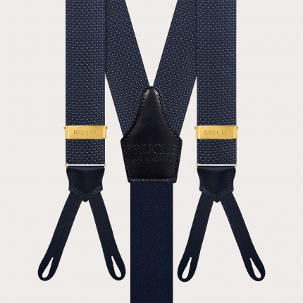 Men's Blue Pin-Dot Silk Suspenders for Buttons with Gold Adjusters