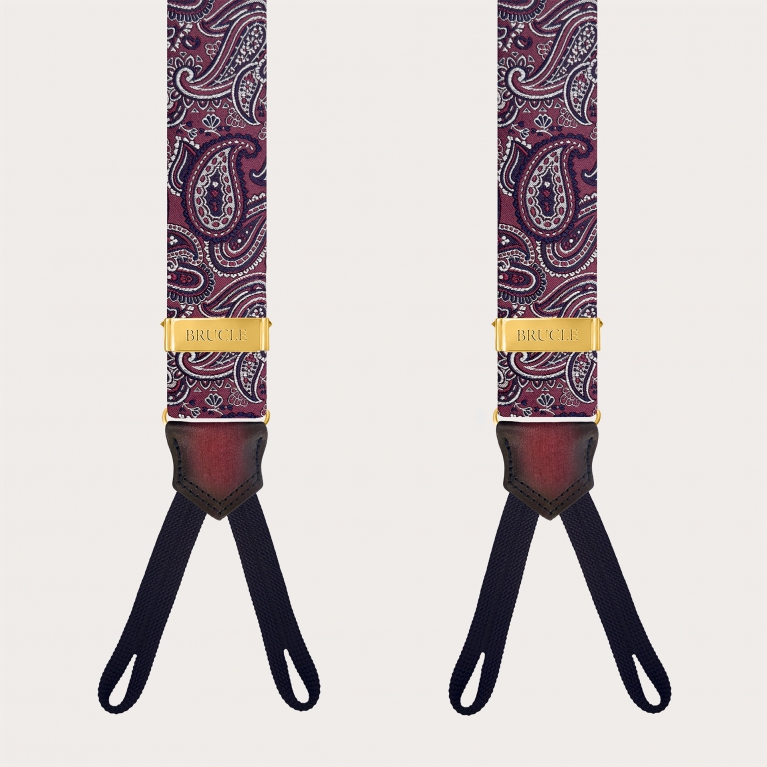 Bordeaux Paisley Suspenders for Buttons with Gold Adjusters