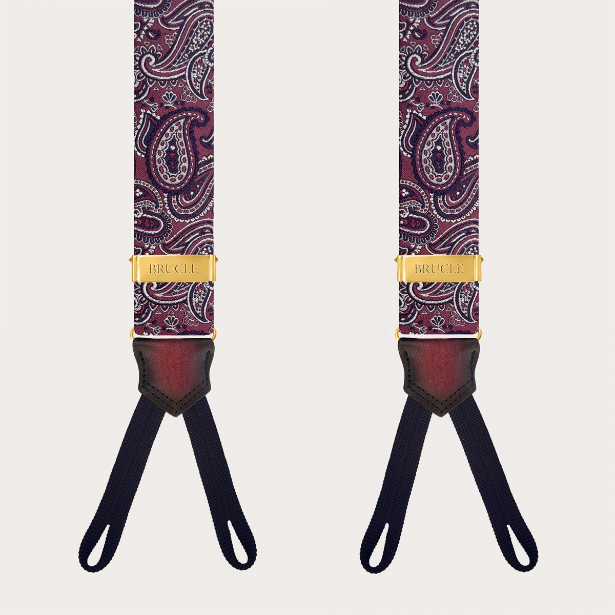 Bordeaux Paisley Suspenders for Buttons with Gold Adjusters