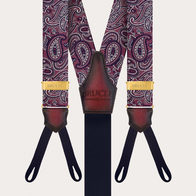 Bordeaux Paisley Suspenders for Buttons with Gold Adjusters