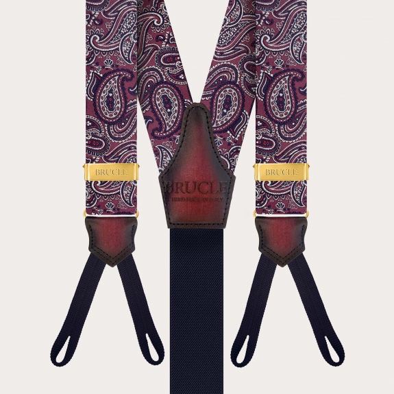 Bordeaux Paisley Suspenders for Buttons with Gold Adjusters