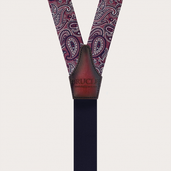 Bordeaux Paisley Suspenders for Buttons with Gold Adjusters