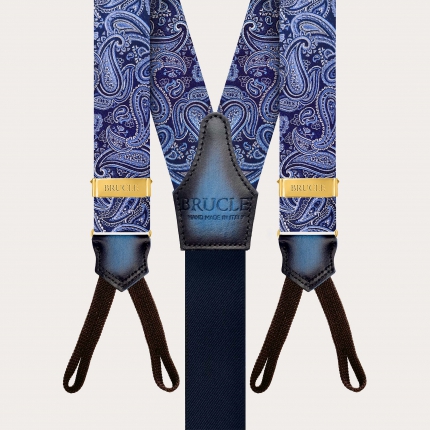 Men's Blue Paisley Button Suspenders with Gold Adjusters