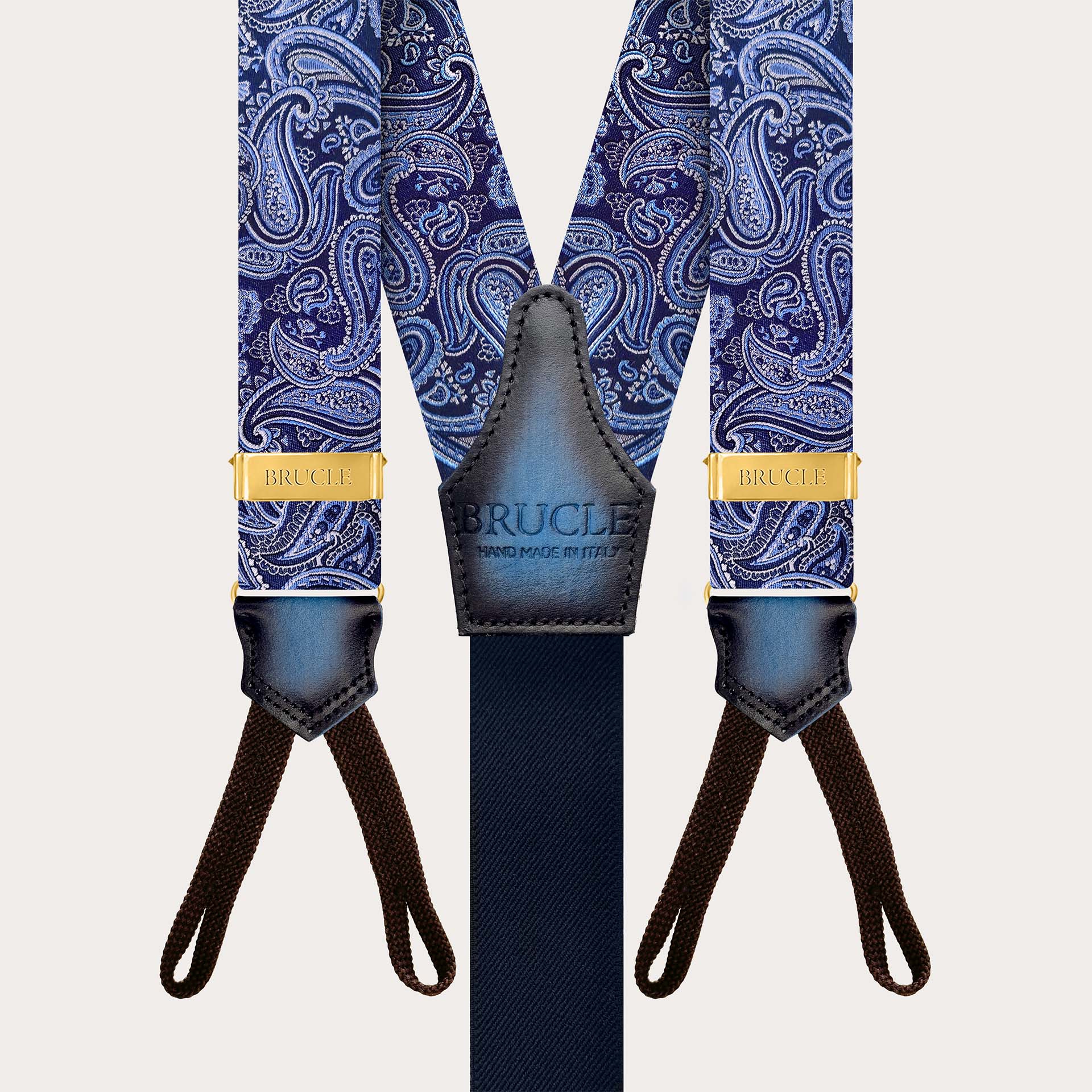 Men's Blue Paisley Button Suspenders with Gold Adjusters