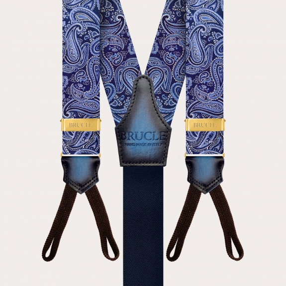 Men's Blue Paisley Button Suspenders with Gold Adjusters