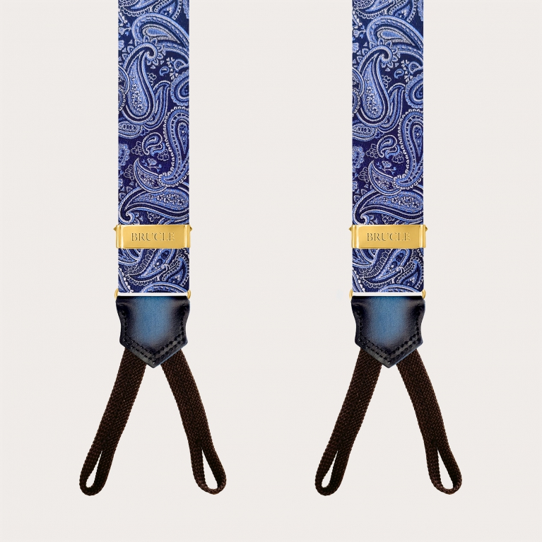 Herrenhosenträger in blauem Paisley für Knöpfe mit goldenen Verstellern