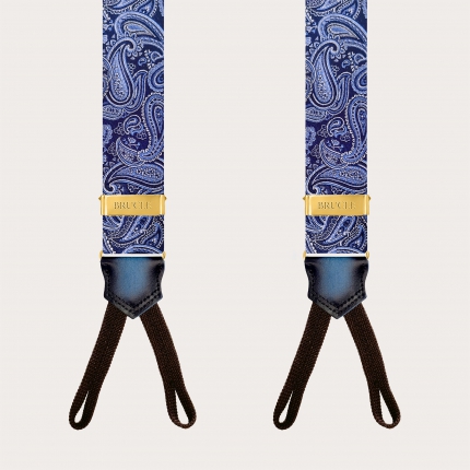 Herrenhosenträger in blauem Paisley für Knöpfe mit goldenen Verstellern