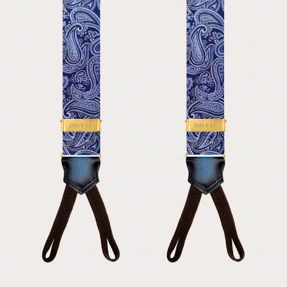 Herrenhosenträger in blauem Paisley für Knöpfe mit goldenen Verstellern