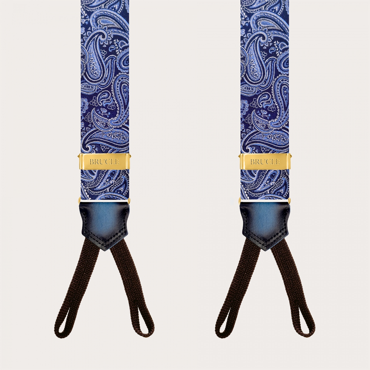 Herrenhosenträger in blauem Paisley für Knöpfe mit goldenen Verstellern