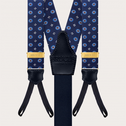 Blue Silk Floral Suspenders with Button Tabs and Gold Metal Parts