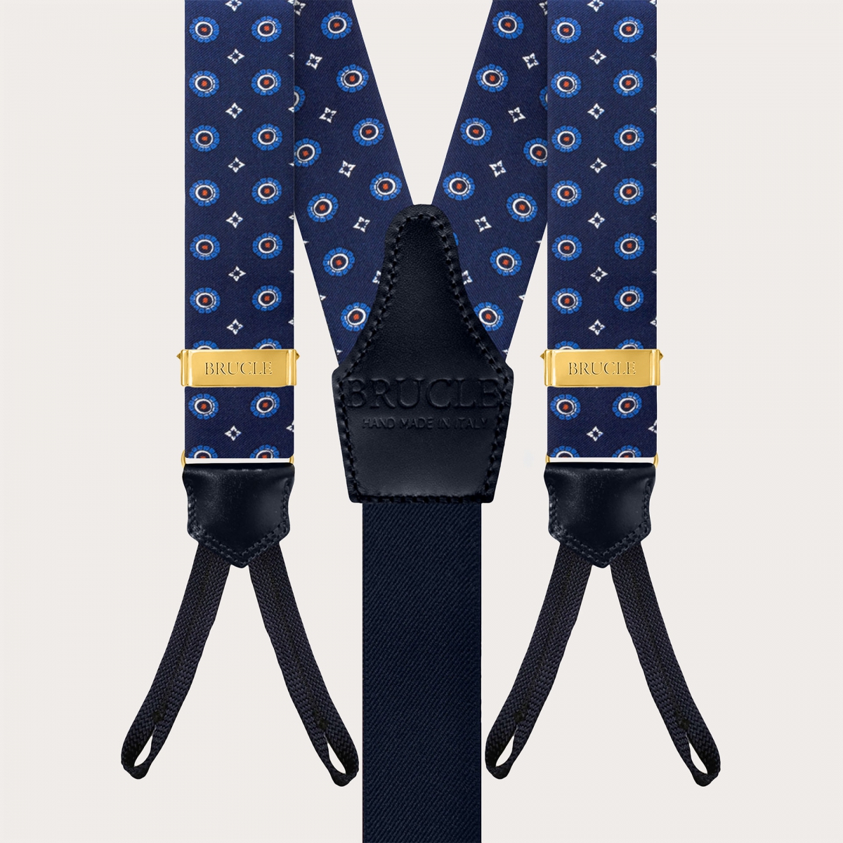 Blue Silk Floral Suspenders with Button Tabs and Gold Metal Parts