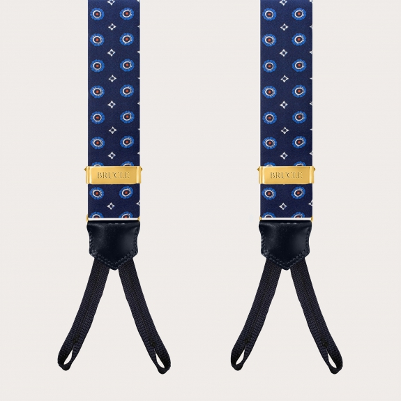 Blue Silk Floral Suspenders with Button Tabs and Gold Metal Parts