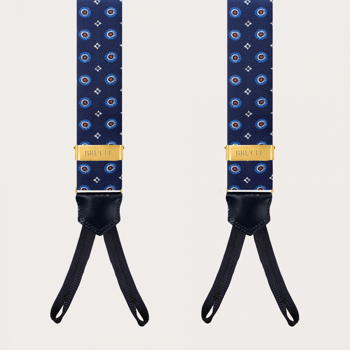 Blue Silk Floral Suspenders with Button Tabs and Gold Metal Parts