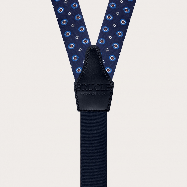 Blue Silk Floral Suspenders with Button Tabs and Gold Metal Parts