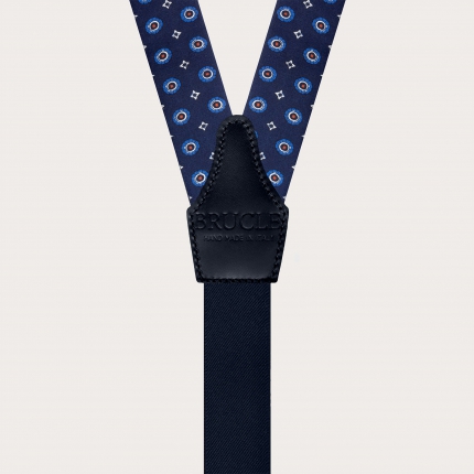 Blue Silk Floral Suspenders with Button Tabs and Gold Metal Parts