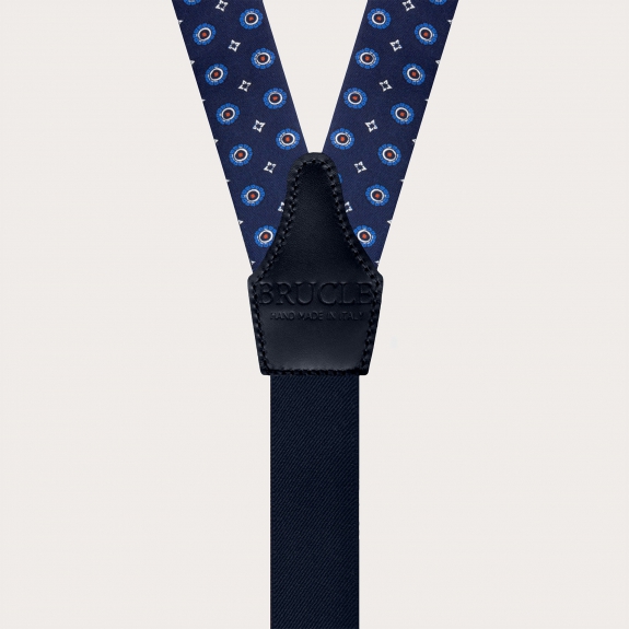 Blue Silk Floral Suspenders with Button Tabs and Gold Metal Parts