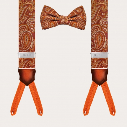 Button suspenders and coordinated bow tie in orange paisley silk