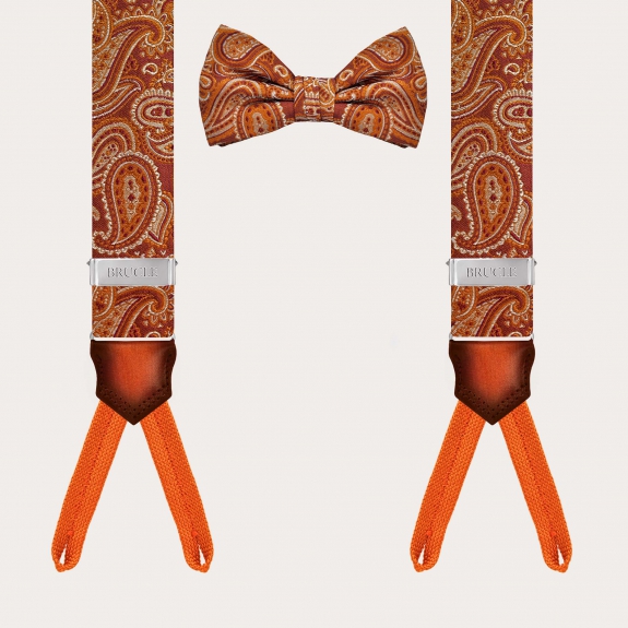 Button suspenders and coordinated bow tie in orange paisley silk