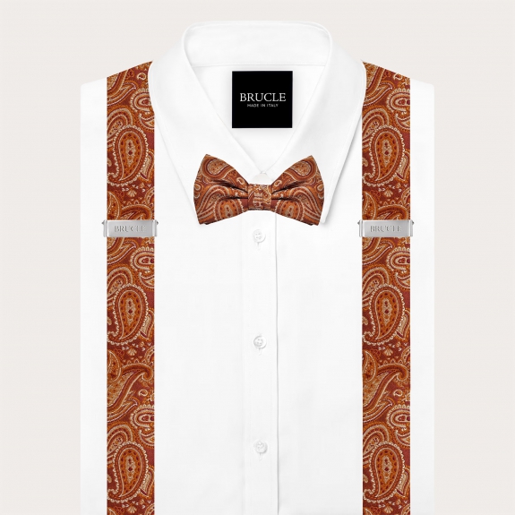 Button suspenders and coordinated bow tie in orange paisley silk