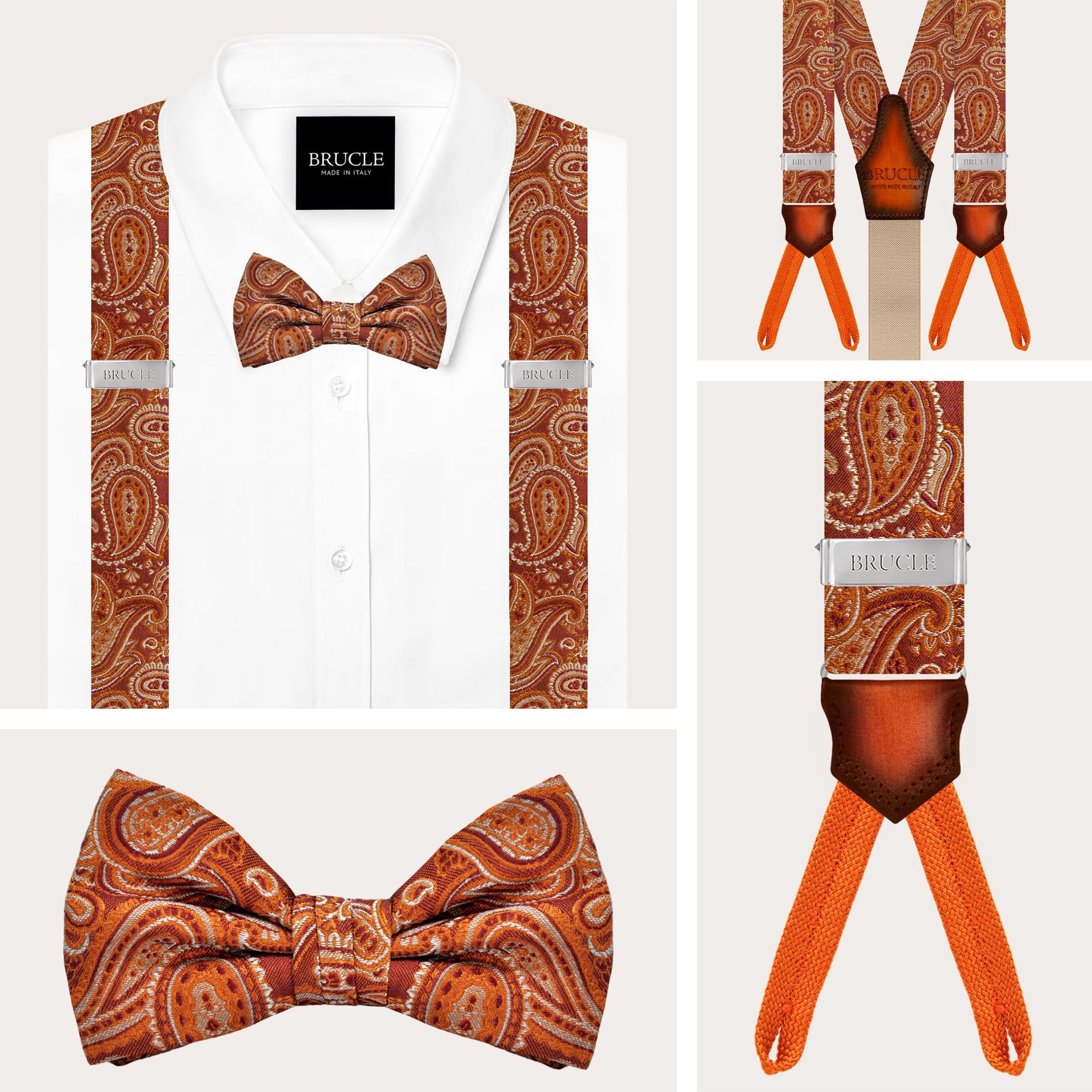 Button suspenders and coordinated bow tie in orange paisley silk