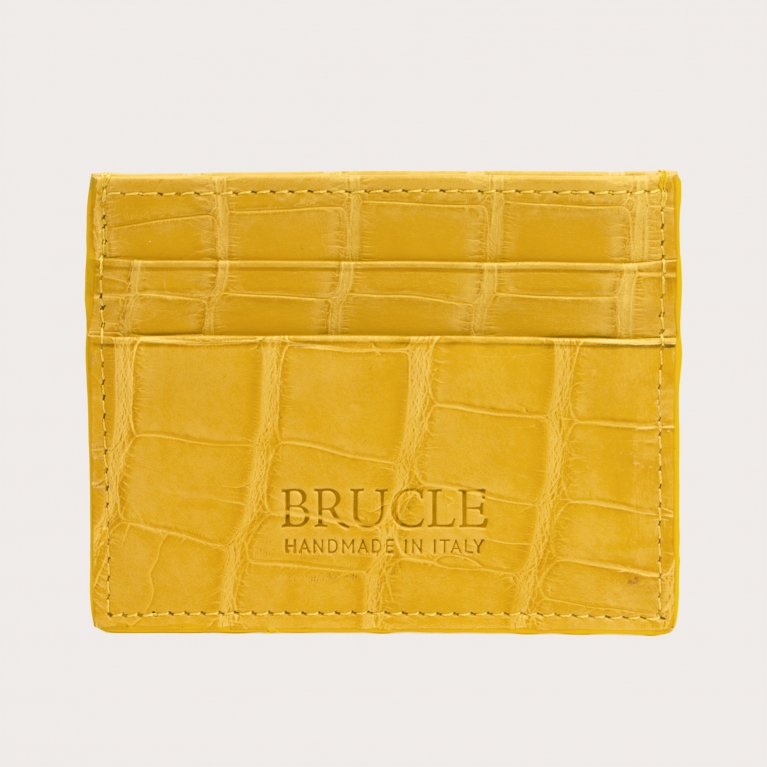 Porte carte de crédit jaune en cuir véritable crocodile