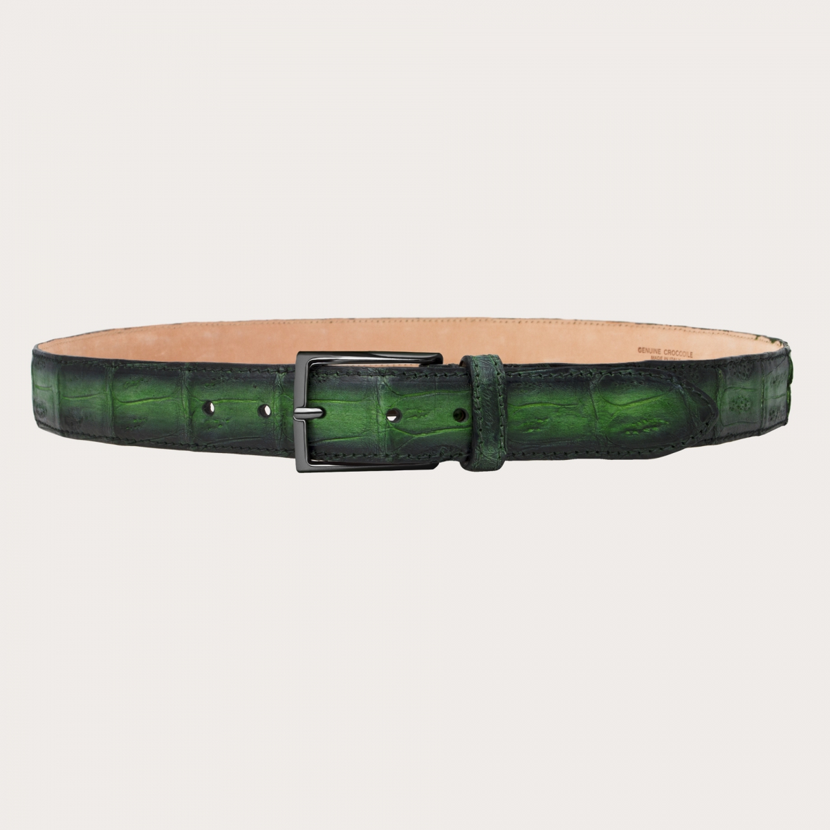 BRUCLE Elegant belt in nickel free crocodile tail with green shaded patina