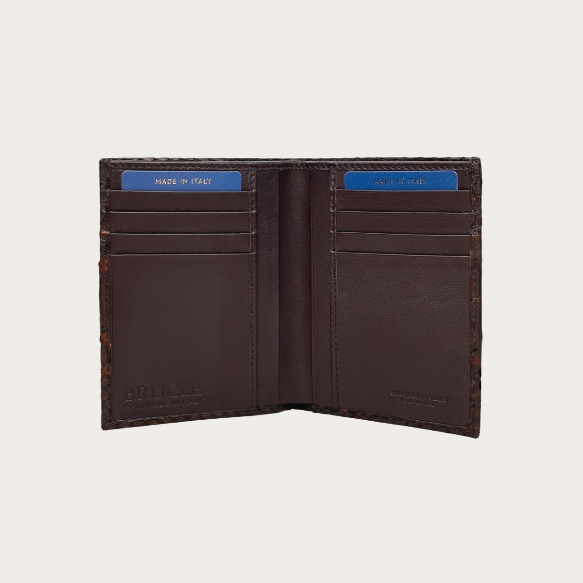 Dark brown vertical wallet in python leather