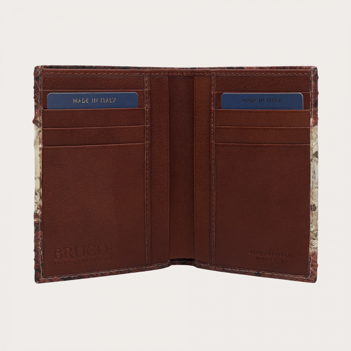 Vertical wallet in brown cognac and white python