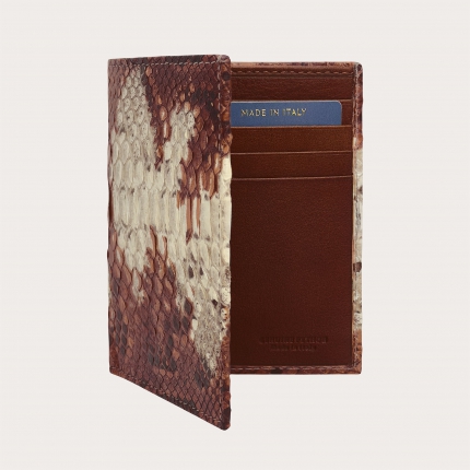 Vertical wallet in brown cognac and white python