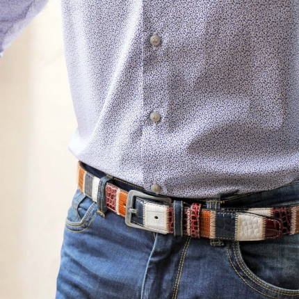 Blue red and white patchwork belt in genuine leather