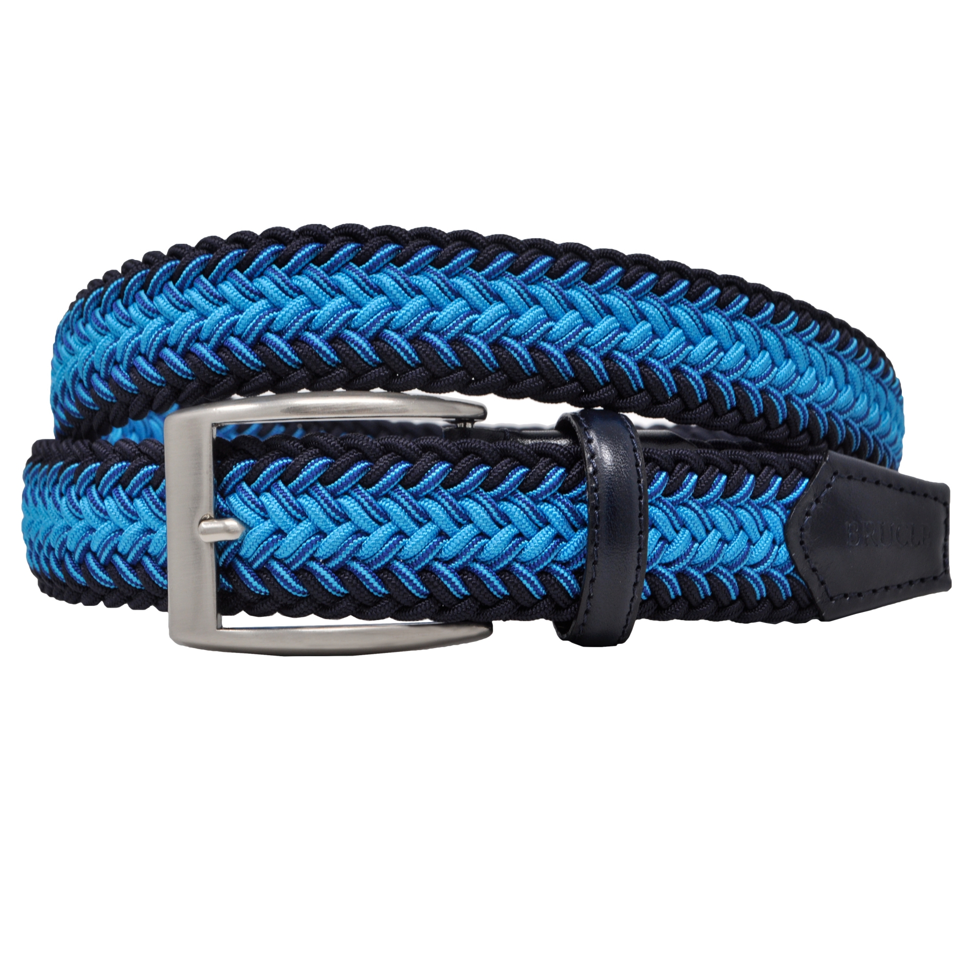 Braided elastic stretch tubular belt, black blue and light blue - BRUCLE